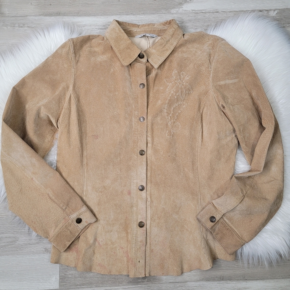 CAbi Nude Tan Suede Leather Button Shirt Women's XL